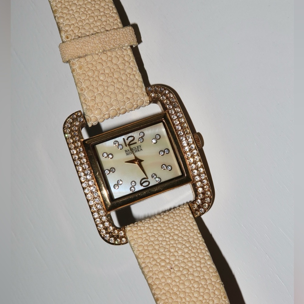 Badgley Mischka Crystal Stingray Style Leather Watch